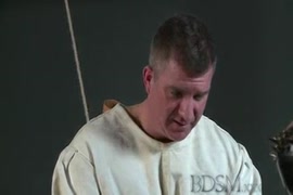 Bdsm xxx slave boy in straight jacket and anal hook swings brick from his nutsack to pleasure his master by any means necessary.